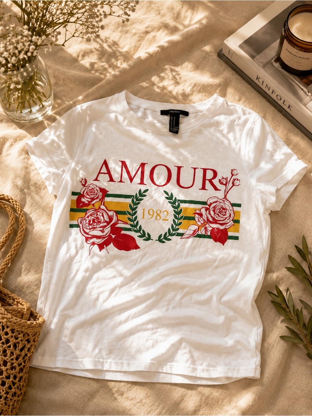 Forever 21 White 'Amour 1982' Graphic Tee with Red Roses and Green Stripe